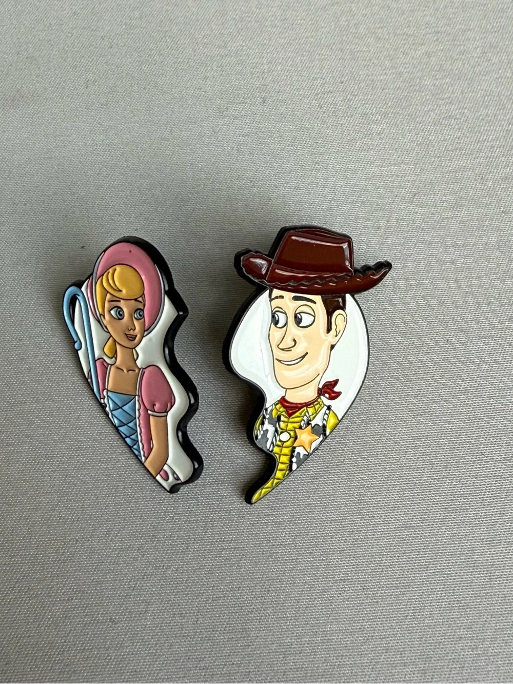 Toy Story Woody and Bo Peep split heart enamel pin set